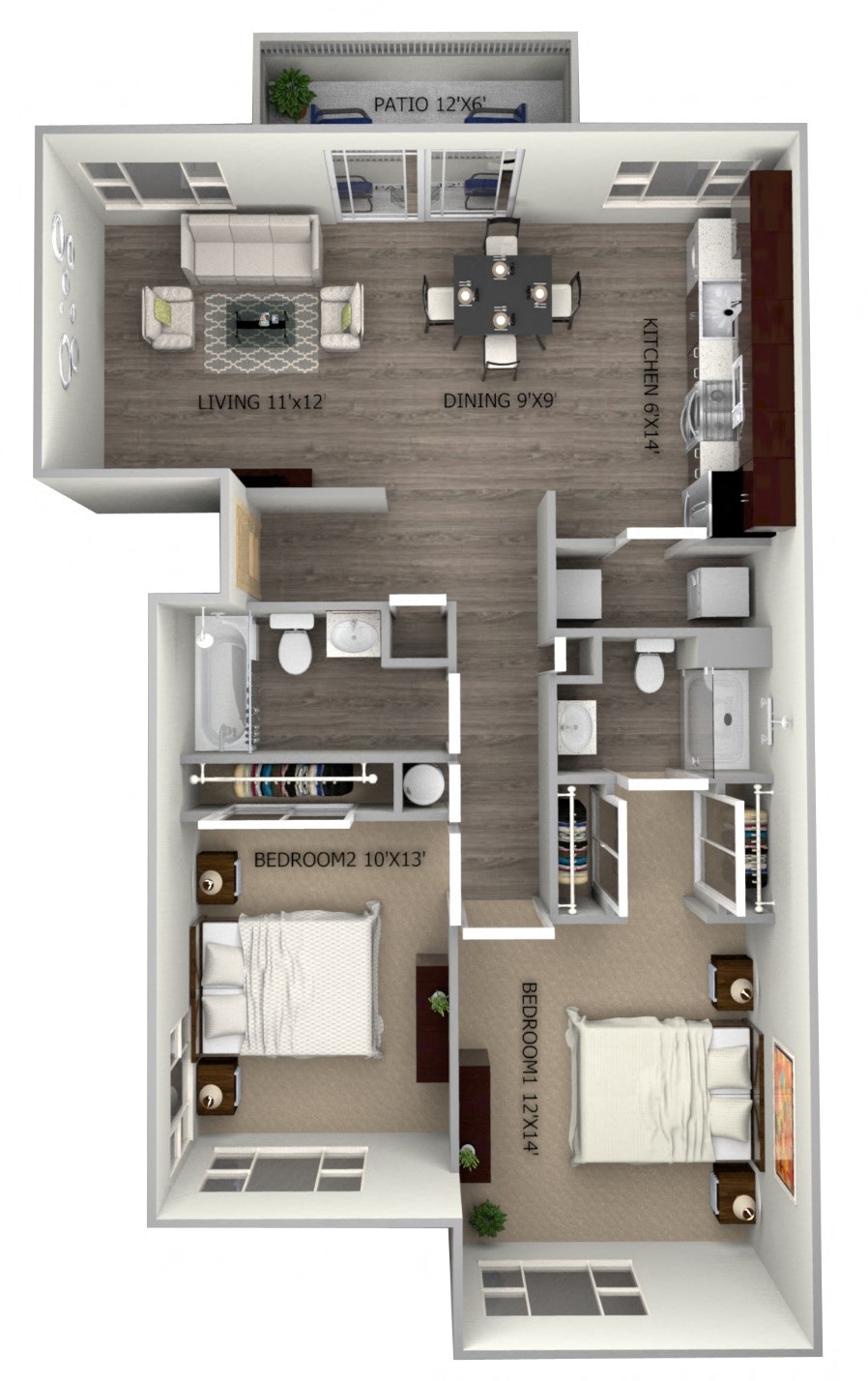 Floor plan for 2 beds, 2 baths, 960 sqft